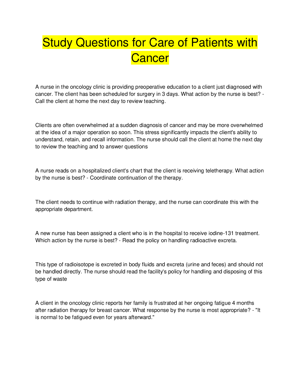 Preview image for Study Questions for Care of Patients with  Cancer